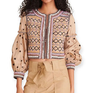 Veronica Beard Rocci Beaded Embroidered Cotton Jacket Tan Size Small